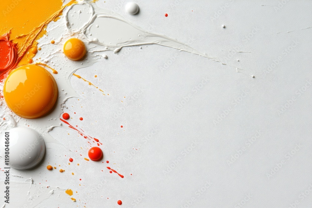 Poster colorful paint droplets and strokes appear on a canvas surface in a creative art setting