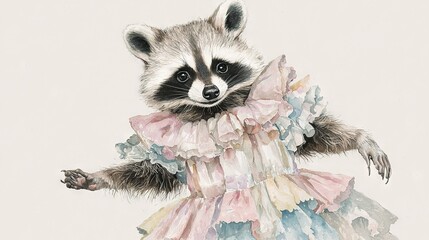   A painting of a raccoon in a pink-blue dress with ruffled skirt
