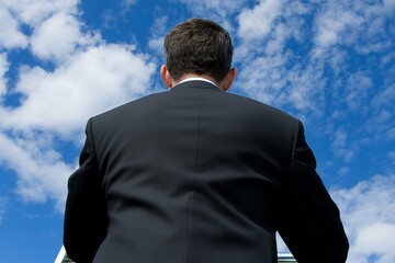 A suit-clad man steadily climbs a metal ladder on the exterior of a building, representing upward career movement
