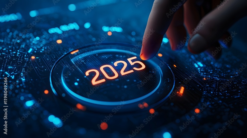 Poster finger activating futuristic interface showing two thousand twenty five