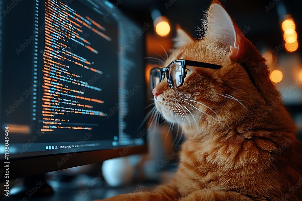 Poster ginger cat wearing glasses studying code on computer screen