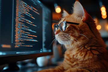 Fototapeta na wymiar Ginger Cat Wearing Glasses Studying Code on Computer Screen