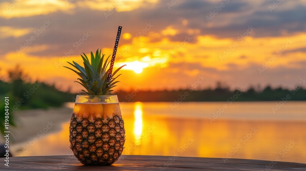 Poster sunset view with pineapple drink served in a glass on wooden table by the beach. generative ai