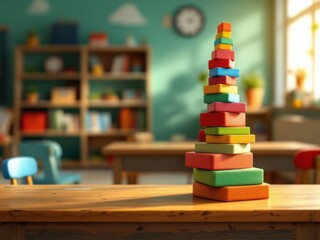 Colorful Wooden Block Tower in a Cozy Nursery Classroom