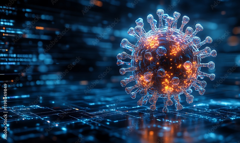 Poster glowing virus particle in digital network