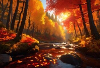 Fototapeta premium stunning majestic forest landscapes vivid autumn foliage showcasing beauty colorful seasonal transition, colors, leaves, nature, vibrant, scenic, tranquil