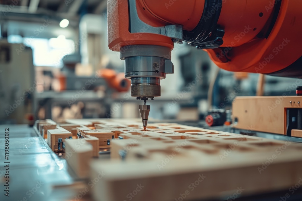 Poster robotic arm operating a cnc machine in a modern woodworking workshop
