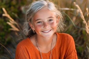 Bright smile of a young girl in an orange shirt enjoying nature during golden hour by the grass
