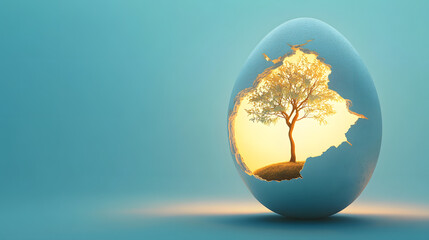 Creative Concept of Growth Inside an Egg Shell with a Tree on a Blue Background
