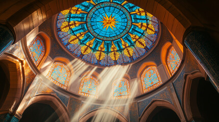 Naklejka premium Sunbeams Illuminate Stained Glass Dome Islamic Architecture Interior Design