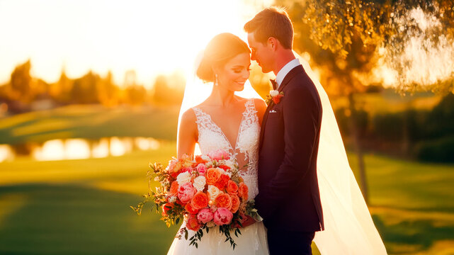 Golden Hour Vows: A radiant couple embraces under the ethereal glow of a sunset, their love story illuminated by the golden light as they stand on a picturesque golf course.  