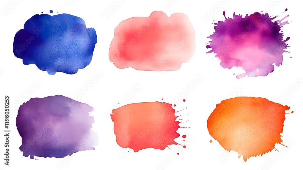 Poster colorful watercolor splashes and blobs on white background