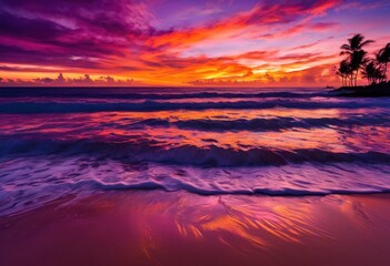 stunning vibrant tropical beach sunset serene waves colorful sky reflections over calming ocean, horizon, sand, colors, nature, paradise, scenery, sunlight