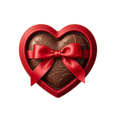 Heart shaped box of chocolates with red satin ribbon on beige backdrop