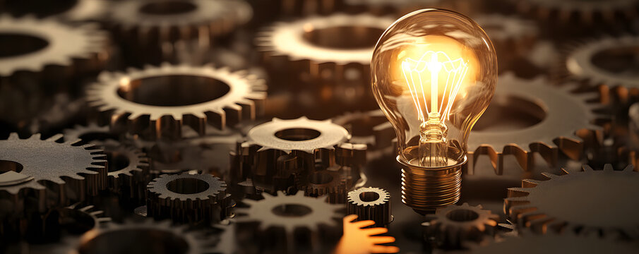 Innovative Light Bulb Among Gears: Symbolizing Creative Ideas and Technology Progress