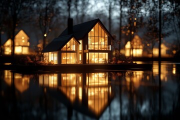 Fototapeta premium Warmly lit modern houses glowing by a serene lake at twilight