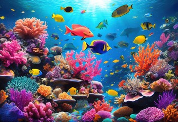 Obraz premium vibrant coral reef ecosystems filled colorful marine life including stunning underwater flora, aquatic, biodiversity, bioluminescence, clam, crab, depth