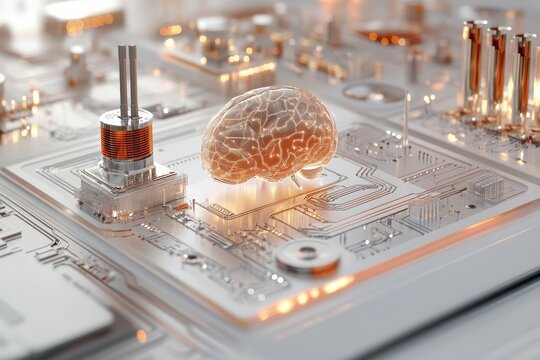 Innovative fusion of technology and neuroscience represented by a glowing brain on a circuit board