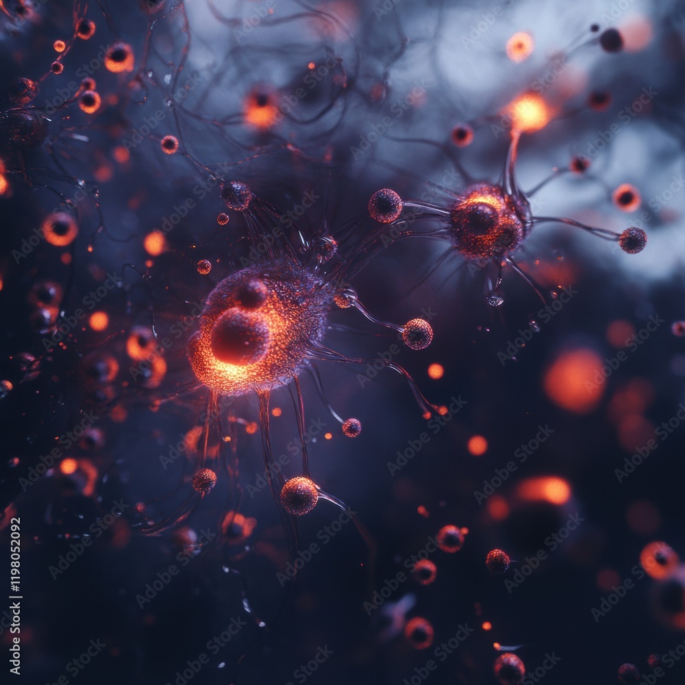 Poster exploration of vibrant microbes in a dark environment highlighting cellular structures and interacti