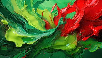 Vivid Green and Red Paint Splash Striking Contrast in Dynamic Artwork, Showcasing Vibrant Hues and...