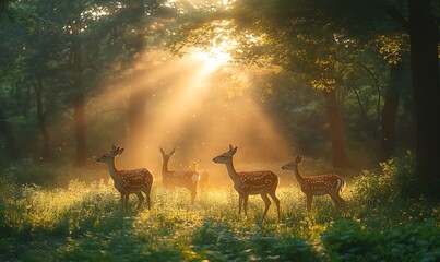 Magical Sunrise Illuminates Deer in a Serene Forest