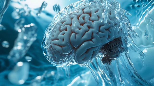 frozen human brain in low temperature, future cryopreservation technologies and cryosleep concept. cryo-freezing of human organs, human life after death, science and scientific discoveries
