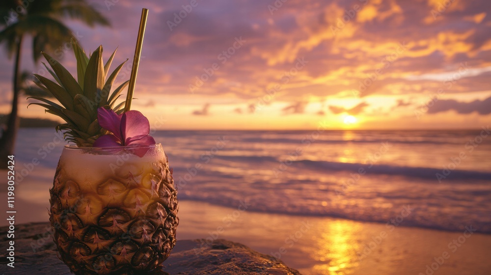 Poster sip a refreshing drink served in a pineapple against a stunning beach sunset at a tropical destinati