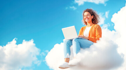 Working From the Clouds: A cheerful woman works on her laptop while sitting comfortably on a fluffy cloud, radiating an aura of effortless productivity and freedom in a clear blue sky. 