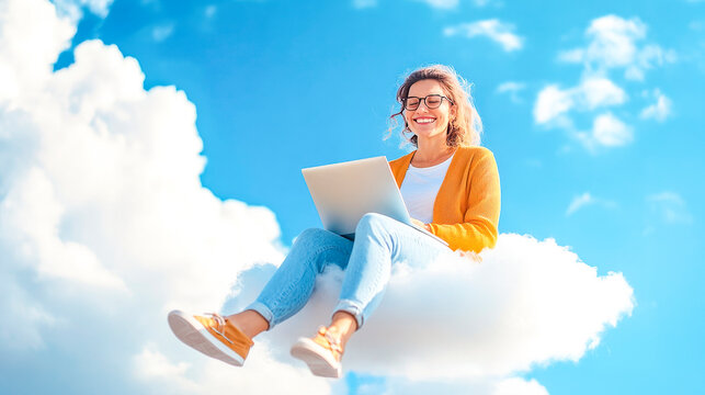 Working Above It All: A woman wearing glasses smiles and sits on a cloud, looking down on the world as she works on her laptop, conveying the feeling of accomplishment and ease.  