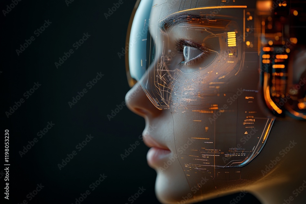 Poster technological innovation captured in a futuristic humanoid robot with holographic interface and slee