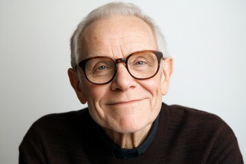 Elderly man with glasses smiles warmly, showcasing a friendly expression in a relaxed setting