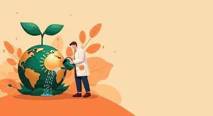Scientist watering plant on Earth symbolizing environmental sustainability, growth, and renewable energy Abstract background