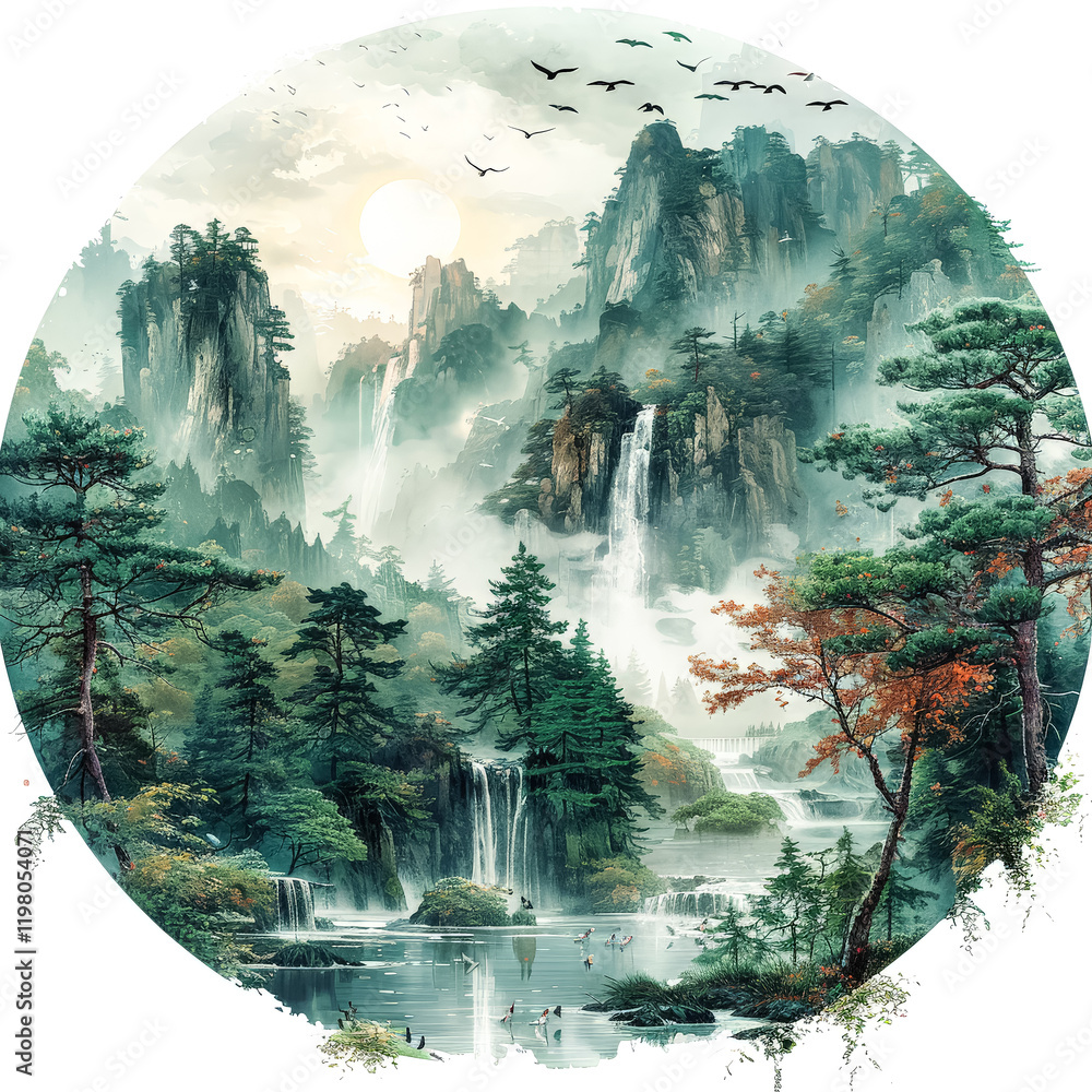 Poster picturesque scene of a forest with a waterfall and a river. the lush green trees and the flowing wat