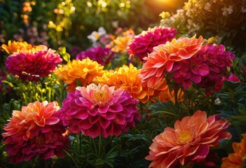 Fototapeta premium vibrant close colorful blooming flowers surrounded lush fresh greenery showcasing beauty intricacies, petal, leaf, garden, flora, nature, outdoor, growth
