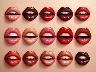 Fototapeta premium A collection of glossy lips in various shades of red and brown