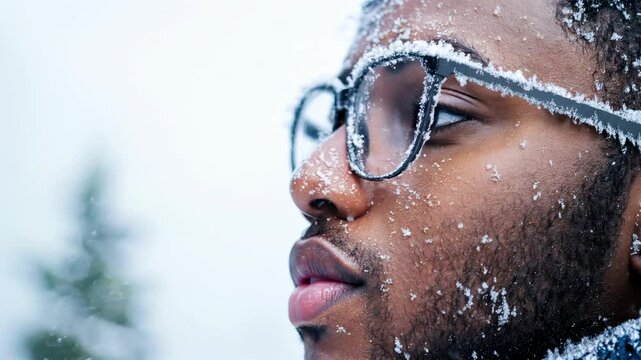 A young man stands outside, surrounded by falling snow. He is dressed warmly and gazes thoughtfully into the distance as snowflakes settle on his glasses and beard.