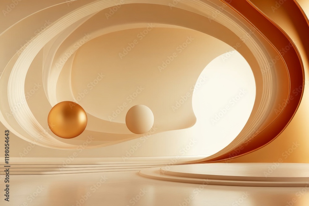 Poster Modern abstract design in warm tones featuring floating spheres and curved lines