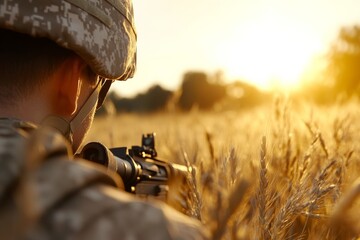 Soldier aims weapon during sunset in a golden wheat field, reflecting on a moment of peace amidst tension