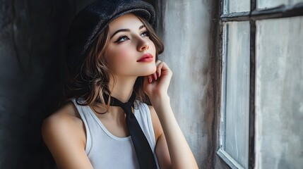 Fototapeta premium Portrait of a woman leaning by the window 
