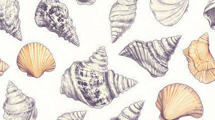 Retro hand drawn seashell seamless pattern tropical summer background illustration vintage marine nature print shell animal wallpaper texture. Seashell. Illustration