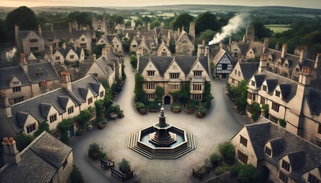 Picturesque lacock village in england showing historic architecture and central fountain