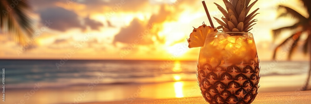 Poster refreshing tropical drink served in a pineapple during sunset on a beach with palm trees. generative