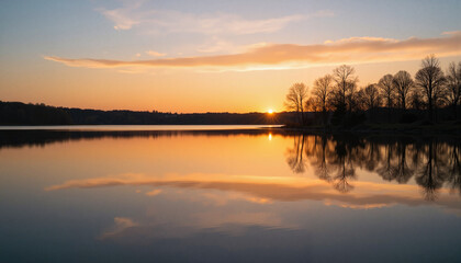 Sunset reflections over calm lake with silhouetted trees