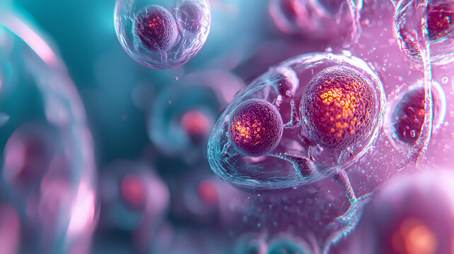 A marine phytoplankton with pink chlorophyll Protoperidinium sp Live cell 40x objective lens Stacked image. Creative Banner. Copyspace image
