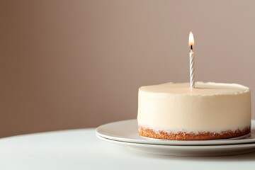 Delicate birthday cake with a single candle lit on a simple white plate
