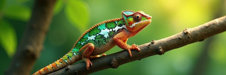 Fototapeta premium Chameleon on slender tree trunk, dappled sunlight, exotic, wild
