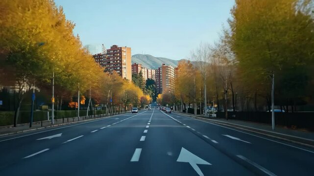 A city street with a few trees lining the road. The street is empty and the sky is clear