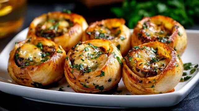 A plate of succulent snails baked in garlic butter with fresh herbs creates an inviting culinary delight. The dish showcases golden brown snails garnished with parsley.