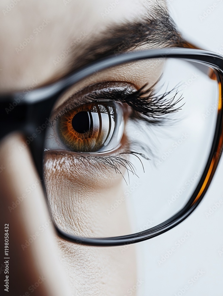 Poster close up view of a human eye with glasses revealing intricate details of the iris and eyelashes refl