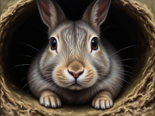 A close-up of a curious rabbit peering out of its burrow, showcasing detailed fur textures and expressive eyes.